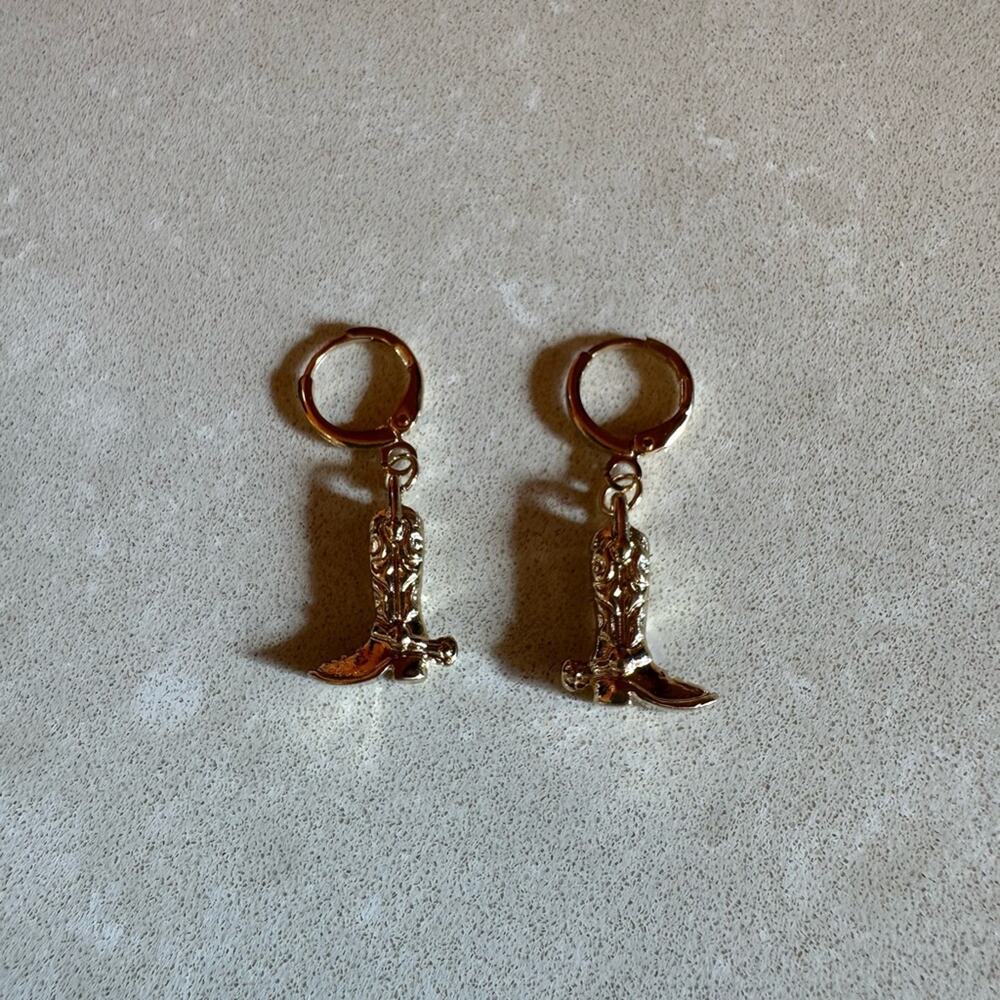 Gold Boot Earrings- hanging style, hypoallergenic & lightweight. Cowboy cowgirl
